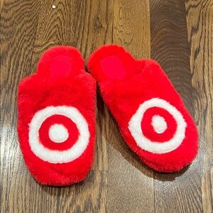 Target 9 Red Fuzzy Slippers with White Target Logo